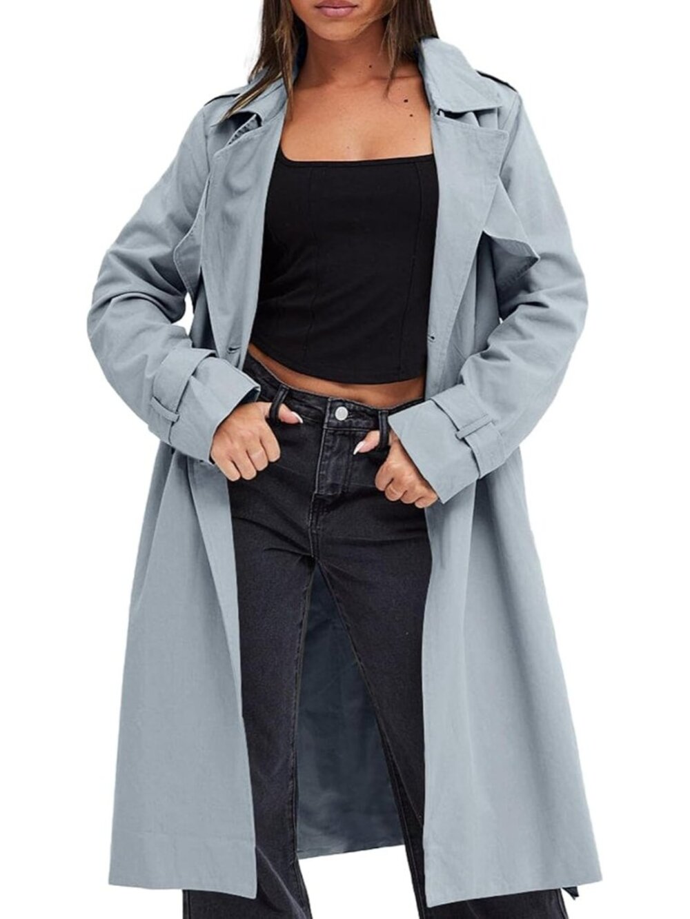 Women's Blue Notch Collar Long Sleeve Pocketed Double Breasted Trench Jackets